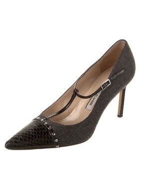 Manolo Blahnik Wool Studded T-Strap Pumps Black Gray Pointed Toe Heels Size 7.5
